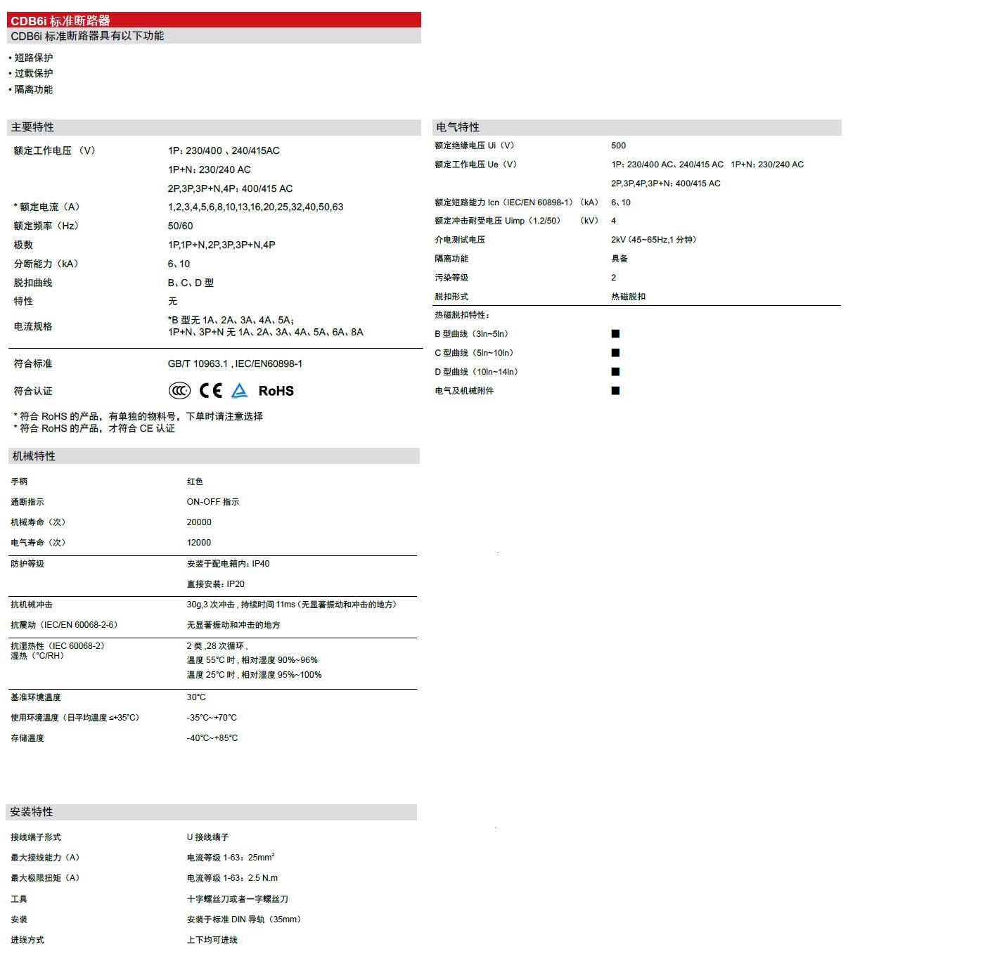 CDB6i 小型断路器产品参数